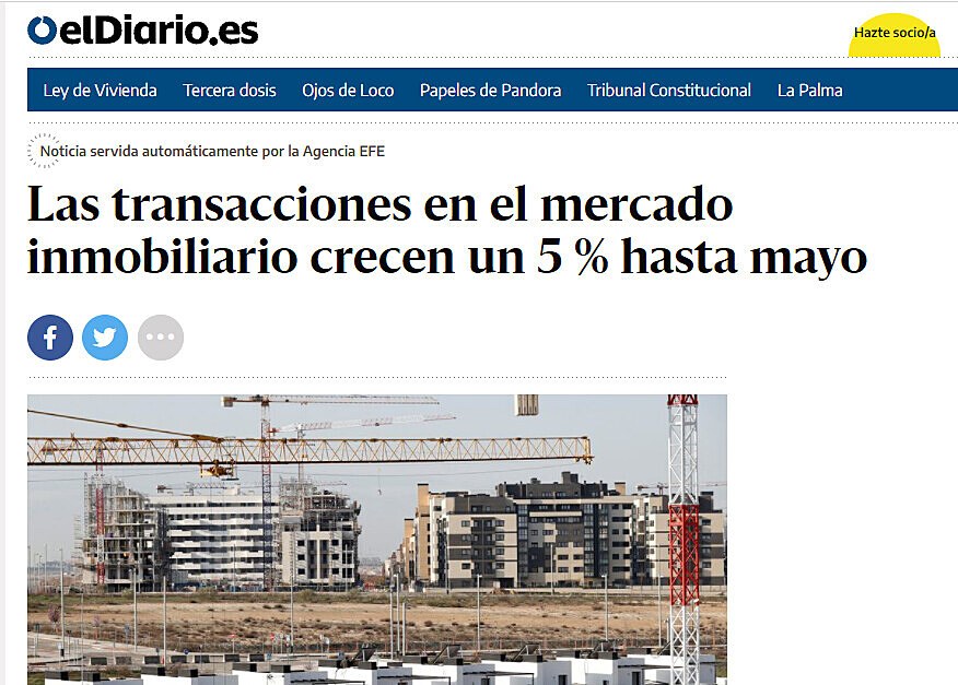 Las transacciones en el mercado inmobiliario crecen un 5 % hasta mayo